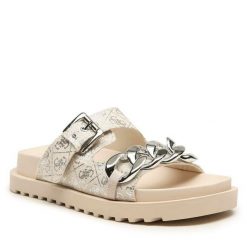 Klapki Guess. Brązowe klapki damskie Guess, z aplikacjami, bez obcasa. Za 269.99 zł.