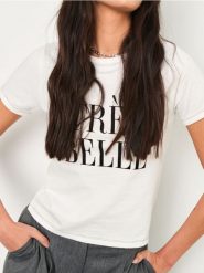 Koszulka z nadrukiem - kremowy. Białe t-shirty damskie Sinsay, l, bez wzorów, bez kołnierzyka. W wyprzedaży za 8.99 zł.