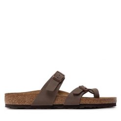 Japonki Birkenstock. Brązowe klapki damskie Birkenstock, bez wzorów, bez obcasa. Za 429.99 zł.