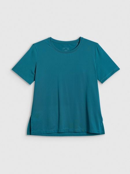 4F Koszulka treningowa loose szybkoschnąca damska - turkusowa L. Niebieskie bluzki damskie 4f, l, bez wzorów, bez kołnierzyka, bez ramiączek. Za 79.99 zł.