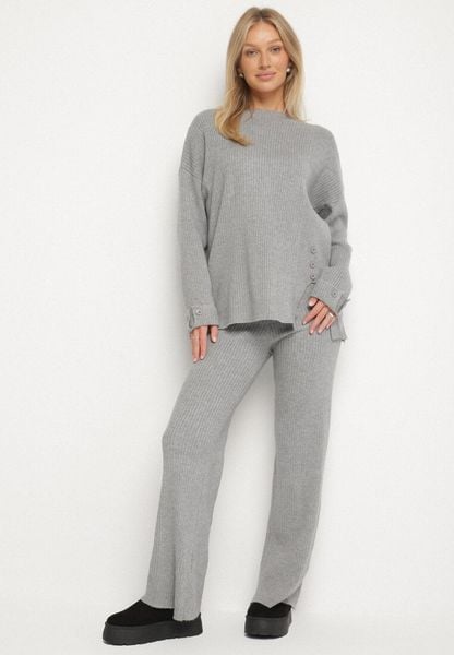 Ciemnoszary Komplet Dzianinowy z Wełną i Bawełną Sweter z Guzikami i Spodnie Lanadia. Szare spodnie materiałowe damskie Born2be, bez wzorów, z bawełny. Za 99.99 zł.