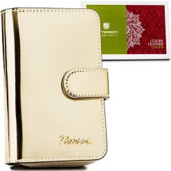 Portfel skórzany Peterson PTN 1N-602 złoty. Żółte portfele damskie Peterson, bez wzorów, z lakierowanej skóry. Za 119.99 zł.
