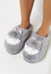 Szare Wsuwane Kapcie na Płaskiej Podeszwie z Aplikacją 3D w Kształcie Króliczka z Cyrkoniami Pottira. Szare kapcie damskie Born2be. Za 24.99 zł.