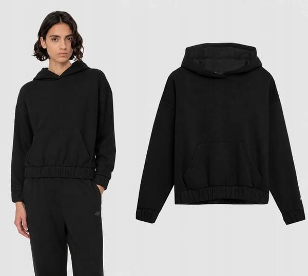 BLUZA DAMSKA 4F DRESOWA Z KAPTUREM NIEROZPINANA TSWSF255 KOLOR CZARNY. Czarne bluzy sportowe damskie 4f, l, bez wzorów, z bawełny, bez ramiączek, z kapturem. Za 59.90 zł.