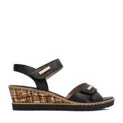 Sandały Remonte. Czarne sandały damskie Remonte, bez wzorów, bez obcasa, na koturnie. Za 359.99 zł.