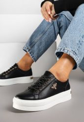 Biało-Czarne Skórzane Sneakersy na Grubej Podeszwie z Przeszyciami i Broszką Nirnile. Białe broszki damskie Renee. Za 159.99 zł.