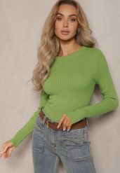Jasnozielony Casualowy Sweter z Prążkowanego Materiału Zintra. Zielone swetry klasyczne damskie Renee, m, z jeansu, bez kołnierzyka. Za 69.99 zł.