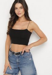 Czarny Bawełniany Top na Ramiączkach z Prążkowanej Tkaniny Lunareia. Czarne topy damskie Born2be, l, bez wzorów, z bawełny, bez kołnierzyka. Za 19.99 zł.