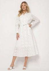 Biała Bawełniana Sukienka z Ażurowym Wzorem i Paskiem Noviellea. Białe sukienki damskie Born2be, l, z aplikacjami, z bawełny, eleganckie, bez kołnierzyka, bez ramiączek, maxi. W wyprzedaży za 159.99 zł.