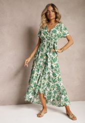 Zielona Rozkloszowana Sukienka z Wiskozy z Gumką w Pasie i Materiałowym Paskiem Vikllia. Zielone sukienki damskie Renee, na lato, l, bez wzorów, z materiału, eleganckie, bez kołnierzyka, bez ramiączek, maxi, dopasowane. W wyprzedaży za 76.99 zł.