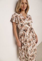 Beżowo-Pomarańczowa Kopertowa Sukienka w Kwiaty z Wiązanym Paskiem i Brokatem Hilingea. Brązowe sukienki damskie Born2be, do pracy, l, z aplikacjami, biznesowe, bez kołnierzyka, bez ramiączek, midi, dopasowane. Za 119.99 zł.