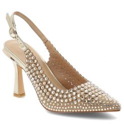 Czółenka damskie Alma En Pena, materiałowa cholewka ozdobne kryształki pasek z regulacją smukły nosek elegancki obcas złoty kolor wizytowy styl, złot. Żółte czółenka damskie Alma En Pena, bez wzorów, z materiału, bez obcasa, na obcasie. Za 599.00 zł.