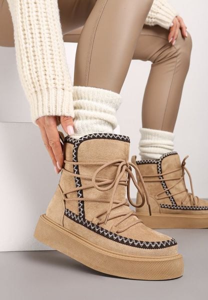 Ciemnobeżowe Sznurowane Śniegowce na Platformie Coralinia. Brązowe śniegowce damskie Renee, z jeansu. Za 79.99 zł.