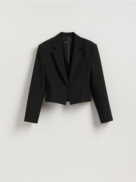 Krótka marynarka - czarny. Czarne marynarki i żakiety damskie Reserved, bez wzorów, z tkaniny. W wyprzedaży za 159.99 zł.