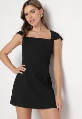Czarna Elegancka Sukienka z Kwadratowym Dekoltem Melretia. Czarne sukienki damskie Born2be, na spotkanie biznesowe, l, bez wzorów, eleganckie, bez kołnierzyka, bez ramiączek, mini, dopasowane. W wyprzedaży za 119.99 zł.