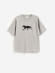 T-shirt oversize z nadrukiem - beżowy. Brązowe t-shirty męskie Reserved, l, bez wzorów, z bawełny, bez kołnierzyka. Za 79.99 zł.