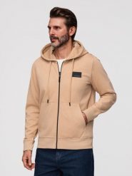 Męska rozpinana dresowa bluza z kapturem i patchem – piaskowa V2 - Rozmiar: XL. Brązowe bluzy z kapturem męskie Ombre Clothing, m, z bawełny. Za 149.99 zł.