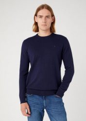 WRANGLER CREWNECK KNIT MĘSKI SWETER ELEGANCKI CIEPŁY LOGO NAVY 112343109 W8A0018103. Niebieskie swetry męskie Wrangler, m, bez wzorów, bez kołnierzyka. Za 149.99 zł.