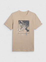 4F T-shirt regular z nadrukiem męski - beżowy XL. Brązowe t-shirty męskie 4f, m, bez wzorów, z bawełny, bez kołnierzyka. Za 69.99 zł.