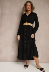 Czarna Wiskozowa Sukienka o Koszulowym Kroju z Paskiem z Klamrą Feluriela. Czarne sukienki damskie Renee, na co dzień, l, bez wzorów, z wiskozy, eleganckie, bez kołnierzyka, bez ramiączek, maxi, kopertowe. W wyprzedaży za 69.99 zł.