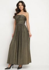 Złota Sukienka Koktajlowa Bandeau z Wiskozą Ozdobiona Marszczeniem Nalithae. Żółte sukienki damskie Born2be, na co dzień, l, bez wzorów, z jeansu, eleganckie, bez kołnierzyka, bez ramiączek, maxi, kopertowe. W wyprzedaży za 151.99 zł.