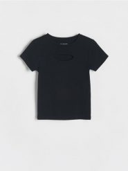 Prążkowany t-shirt z wycięciem - czarny. Czarne koszulki dziewczęce Reserved, bez wzorów, z bawełny, bez ramiączek. W wyprzedaży za 12.99 zł.