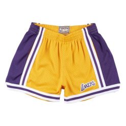 Szorty damskie Los Angeles Lakers jump shot. Żółte szorty damskie Mitchell & Ness, bez wzorów, sportowe. Za 369.50 zł.
