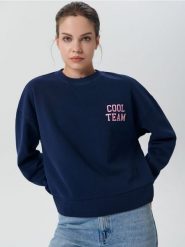 Bluza z nadrukiem - granatowy. Niebieskie bluzy bez kaptura damskie Sinsay, l, z bawełny. Za 49.99 zł.