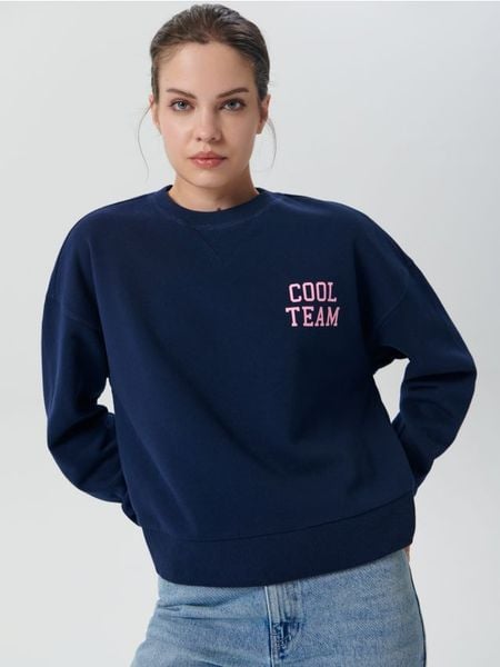 Bluza z nadrukiem - granatowy. Niebieskie bluzy bez kaptura damskie Sinsay, l, z bawełny. Za 49.99 zł.