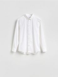 Gładka koszula slim fit - biały. Białe koszule męskie Reserved, l, bez wzorów, z bawełny, bez kołnierzyka, bez ramiączek. Za 119.99 zł.