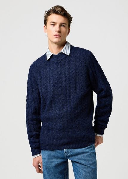 MESKI SWETER WRANGLER CABLE KNIT SWEATER DENIM HEATHER 112371654. Brązowe swetry męskie Wrangler, l, bez wzorów, z denimu, bez kołnierzyka. Za 169.99 zł.