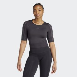 Koszulka Aeroknit. Czarne bluzki damskie Adidas, l, bez wzorów, z materiału, bez ramiączek. Za 179.00 zł.