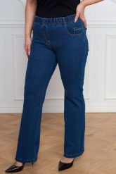Jeansowe spodnie dzwony Julita z wysokim stanem PLUS SIZE XXL. Spodnie materiałowe damskie Nasi partnerzy, bez wzorów, z bawełny, biznesowe, z podwyższonym stanem, plus size. Za 199.90 zł.