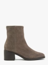Szare botki na słupku ze skóry welurowej. Szare botki damskie Ryłko, ze skóry, eleganckie, bez obcasa, na obcasie, bez zapięcia. Za 449.99 zł.