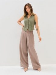 Spodnie wide leg z lyocellem i domieszką lnu - beżowy. Brązowe spodnie materiałowe damskie Sinsay, bez wzorów, z lyocellu. Za 59.99 zł.