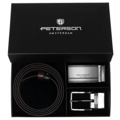 Zestaw prezentowy: dwustronny pasek skórzany w brązowym i czarnym kolorze z wymiennymi klamrami Peterson PTN KL-B006S001. Brązowe paski męskie Peterson, bez wzorów, ze skóry, eleganckie. Za 139.99 zł.