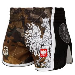 Spodenki Muay Thai męskie EXTREME HOBBY POLSKA CAMO. Brązowe szorty męskie EXTREME HOBBY, z elastanu, bez kołnierzyka. Za 209.00 zł.