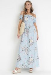 Jasnoniebieska Sukienka Maxi w Kwiaty z Ozdobnym Wiązaniem przy Dekolcie i Krótkimi Rękawami Paninthe. Niebieskie sukienki damskie Born2be, na imprezę, m, bez wzorów, z tkaniny, bez kołnierzyka, bez ramiączek, maxi, rozkloszowane. W wyprzedaży za 47.99 zł.