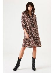 Garcia Sukienka w kolorze kremowo-czarno-czerwonym rozmiar: M. Brązowe sukienki damskie Garcia, m, z aplikacjami, z tkaniny, bez kołnierzyka, bez ramiączek, midi, rozkloszowane. Za 113.10 zł.
