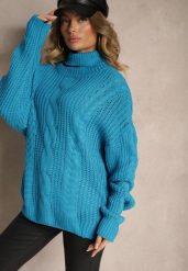 Niebieski Golf z Wiskozą w Stylu Oversize z Ozdobnym Splotem Korremi. Niebieskie golfy damskie Renee, m, bez wzorów, z wiskozy, bez ramiączek. Za 79.99 zł.