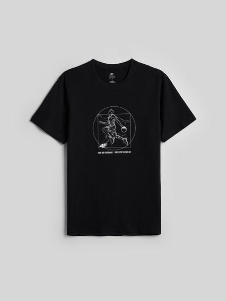 4F T-shirt regular z nadrukiem męski - czarny S. Czarne t-shirty męskie 4f, m, bez wzorów, z bawełny, bez kołnierzyka. Za 69.99 zł.