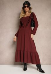 Bordowa Sukienka Ozdobiona Falbanami o Rozkloszowanym Kroju Alleira. Czerwone sukienki damskie Renee, na co dzień, z aplikacjami, eleganckie, bez kołnierzyka, bez ramiączek, maxi, proste. W wyprzedaży za 62.99 zł.