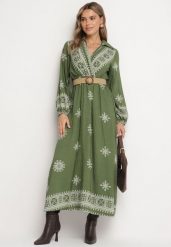 Zielona Kopertowa Sukienka z Wiskozą z Paskiem i Gumką w Talii w Etniczny Wzór Zindoria. Zielone sukienki damskie Born2be, na co dzień, l, bez wzorów, z wiskozy, eleganckie, bez kołnierzyka, bez ramiączek, maxi, kopertowe. W wyprzedaży za 103.99 zł.