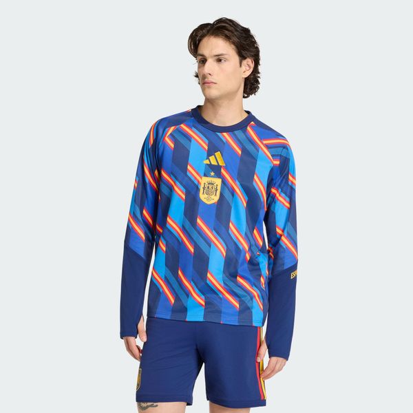 Ciepła rozgrzewkowa bluza podstawowa Hiszpania 26. Niebieskie bluzy bez kaptura męskie Adidas, bez wzorów, z dzianiny, eleganckie, bez kołnierzyka, bez ramiączek. Za 349.00 zł.
