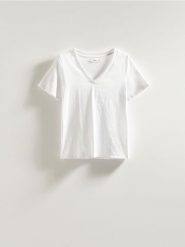 T-shirt regular z dekoltem V - biały. Białe t-shirty damskie Reserved, l, bez wzorów, z bawełny, bez kołnierzyka. Za 35.99 zł.