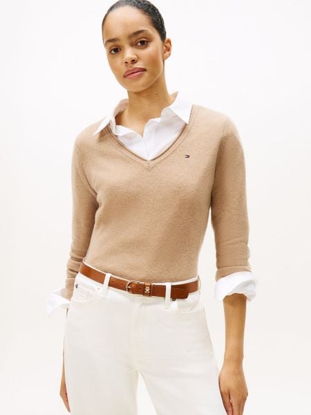 Tommy Hilfiger Sweter z dzianiny Kobiety Wełna beżowy, L. Brązowe swetry klasyczne damskie Tommy Hilfiger, l, z dzianiny, bez kołnierzyka. Za 429.95 zł.