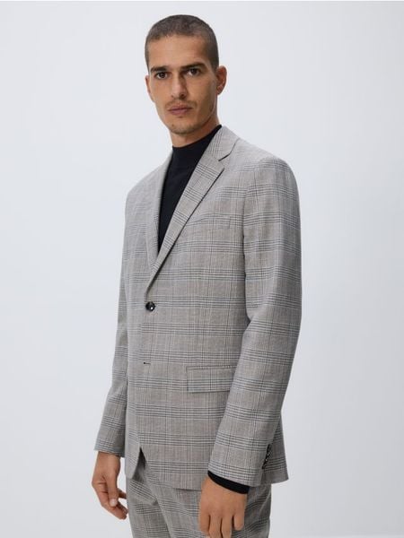 Marynarka slim fit w kratę - brązowy. Brązowe marynarki męskie Reserved, bez wzorów, z tkaniny. Za 359.99 zł.