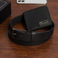 Zestaw prezentowy męski skórzany pasek portfel pudełko premium czarny Beltimore Z21. Czarne paski męskie bez wzorów. Za 129.99 zł.