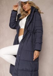 Granatowa Pikowana Kurtka Płaszcz z Kapturem i Gumką w Pasie Elastia. Niebieskie kurtki damskie Renee, na jesień, l, bez wzorów, eleganckie. Za 259.99 zł.