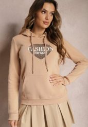 Beżowa Bluza Kangurka Ocieplona Polarem z Ozdobnym Nadrukiem Elili. Brązowe bluzy bez kaptura damskie Renee, l, z jeansu. Za 79.99 zł.